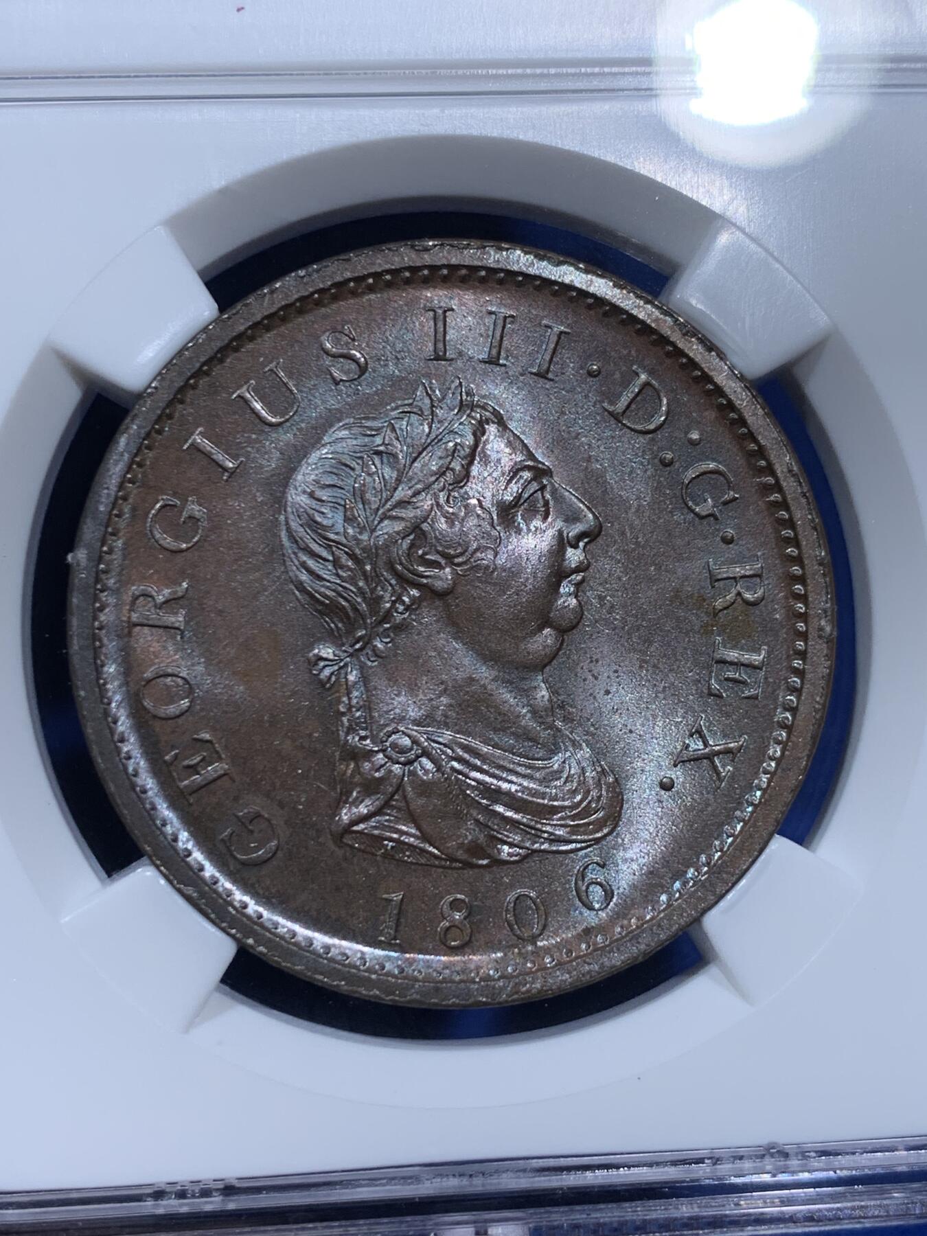 《竞宝斋》第343场 周日，周一，2场连拍 （全场包邮） NGC MS64BN 英国 1806年 乔治三世1便士铜币 （SOHO厂经典出品，老标严评状态顶级，巧克力包浆均匀底板光洁泛蓝紫色光泽）