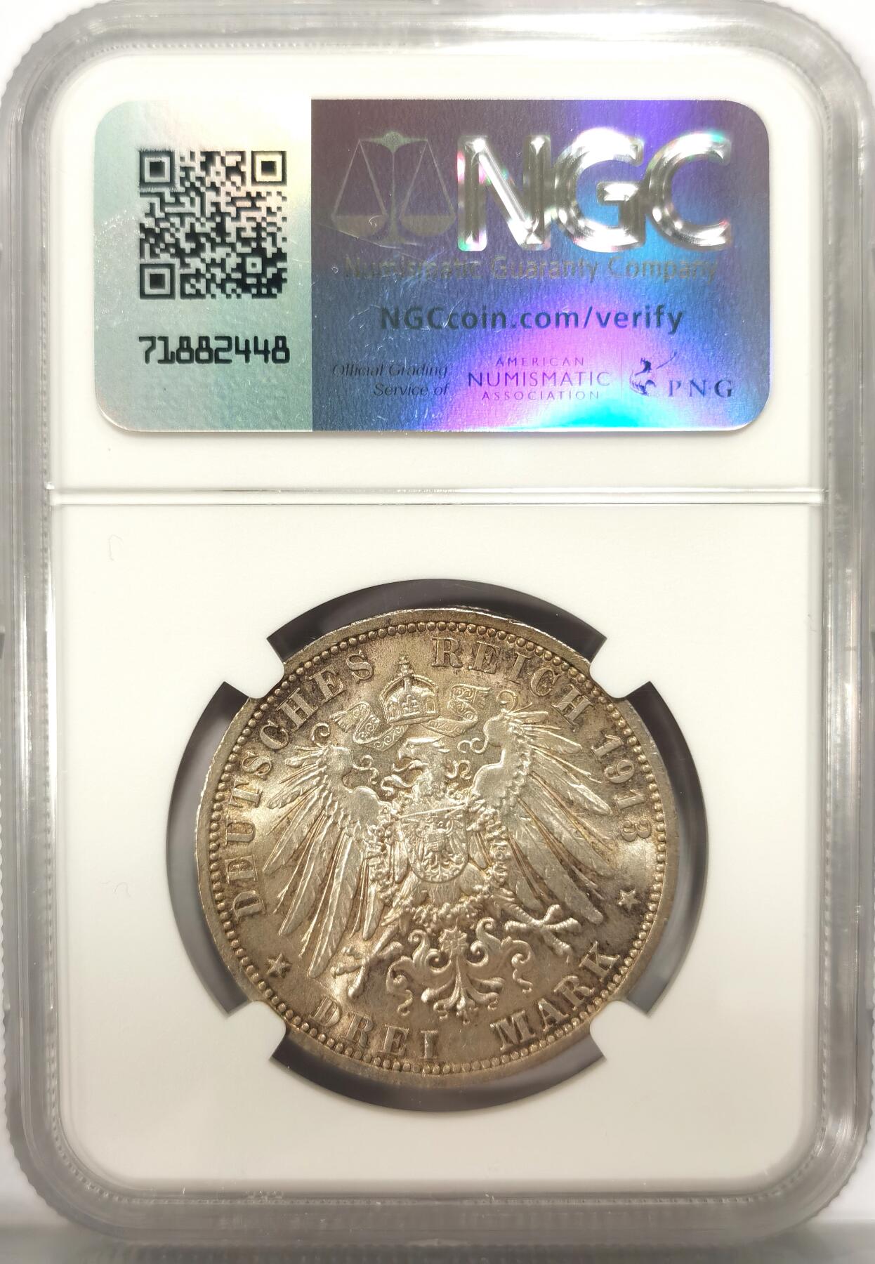 博洋堂世界钱币拍卖第106期（全场包邮） NGC MS62 德国普鲁士1913年德皇威廉二世登基25周年3马克银币