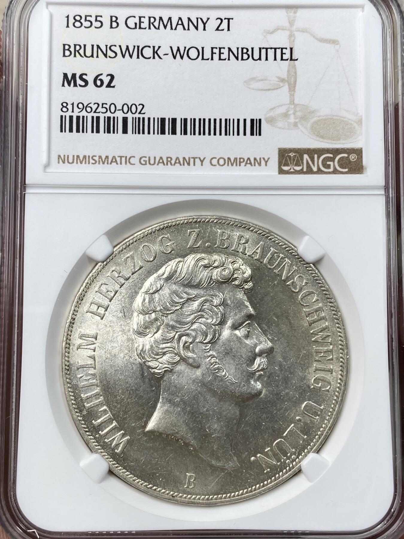 万国钱币拍卖第040期（万国2025新年大拍） NGC MS62 1855年德国布伦瑞克-狼堡大纹章流通2泰勒 不论光度还是打制都非常到位的一枚 收藏级品质