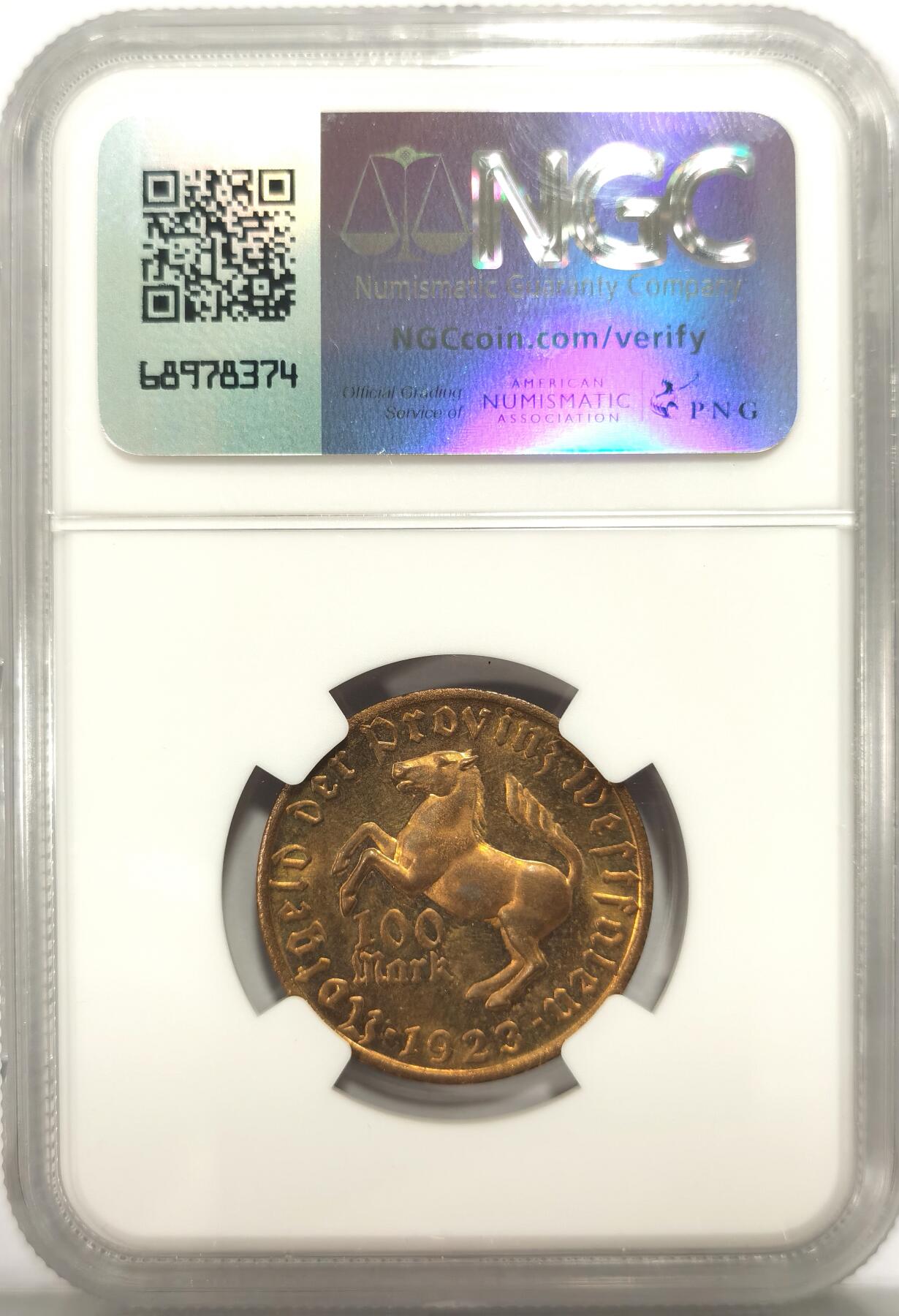 博洋堂世界钱币拍卖第106期（全场包邮） NGC MS64RB 德国德紧威斯特伐利亚1923年马币女诗人头像100马克铜币