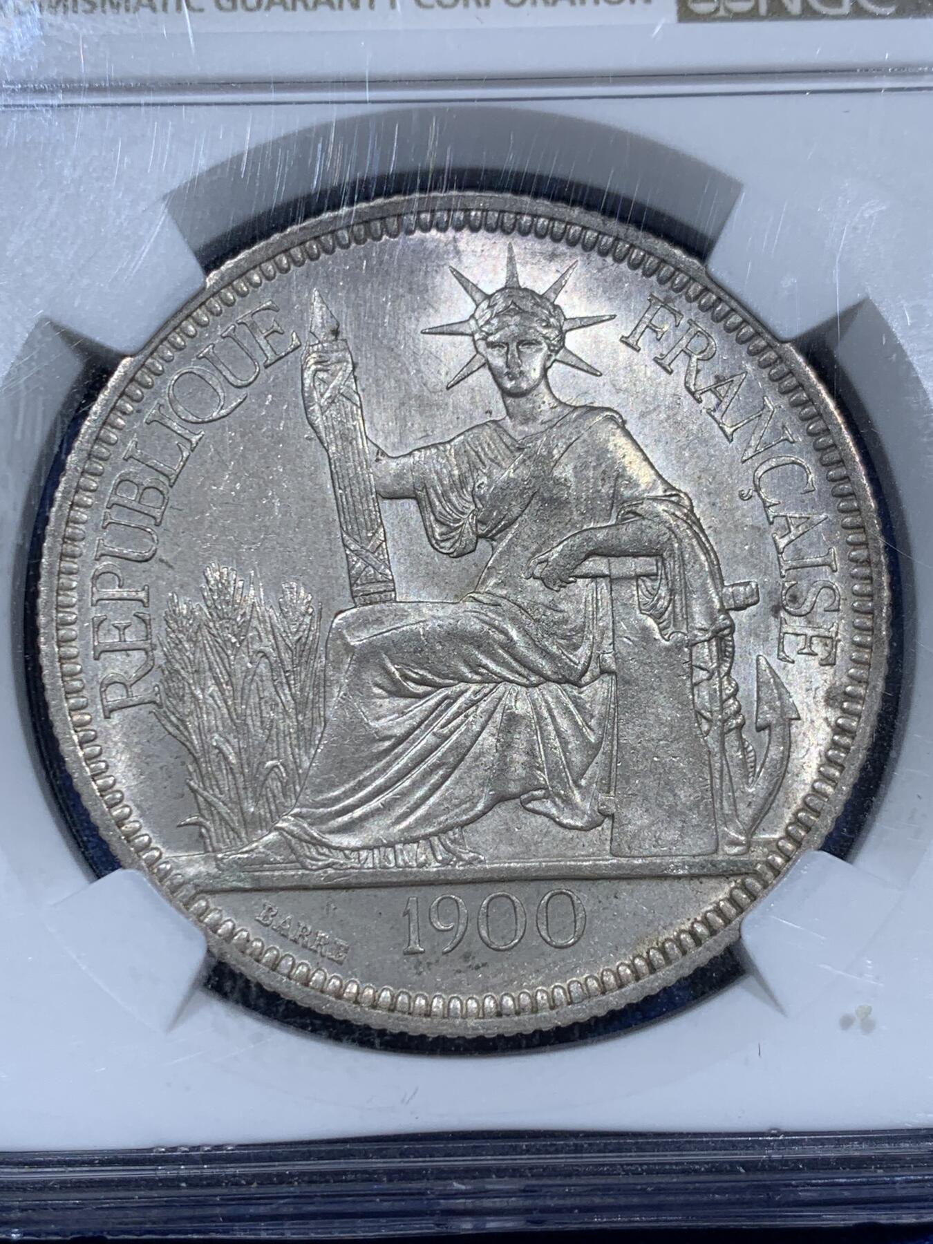 《竞宝斋》第343场 周日，周一，2场连拍 （全场包邮） NGC MS62 法属坐洋 1900-A版 1皮亚斯特 银币 原光好状态