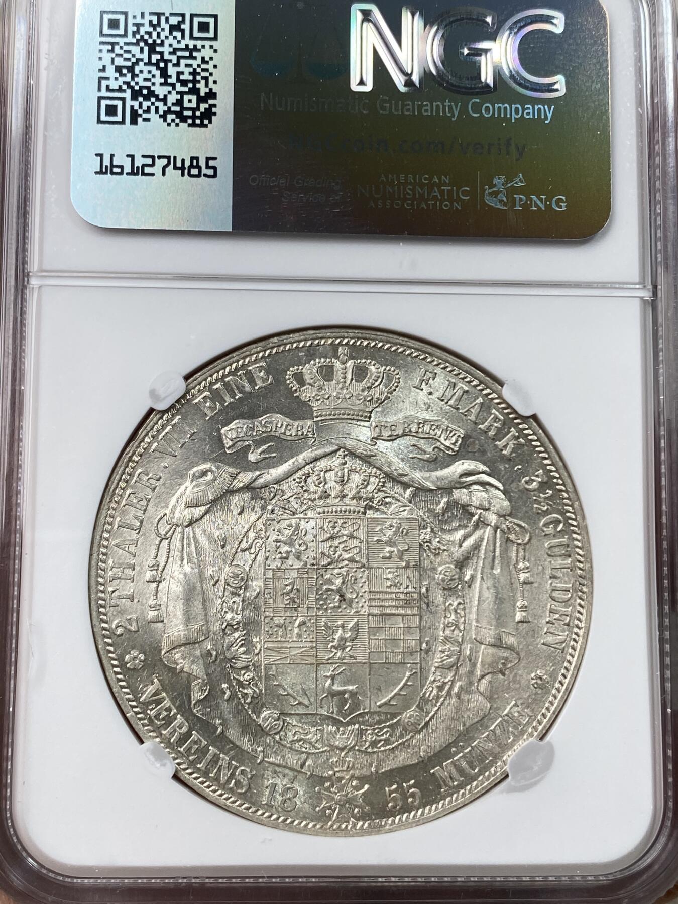 万国钱币拍卖第040期（万国2025新年大拍） NGC MS62 1855年德国布伦瑞克-狼堡大纹章流通2泰勒 不论光度还是打制都非常到位的一枚 收藏级品质