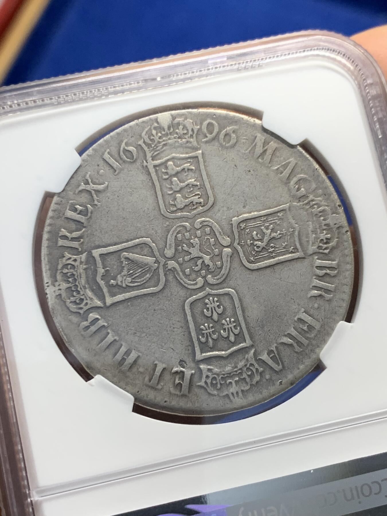 《竞宝斋》第343场 周日，周一，2场连拍 （全场包邮） NGC VF30 英国1696年威廉三世克朗大银币，300多年的英国币。