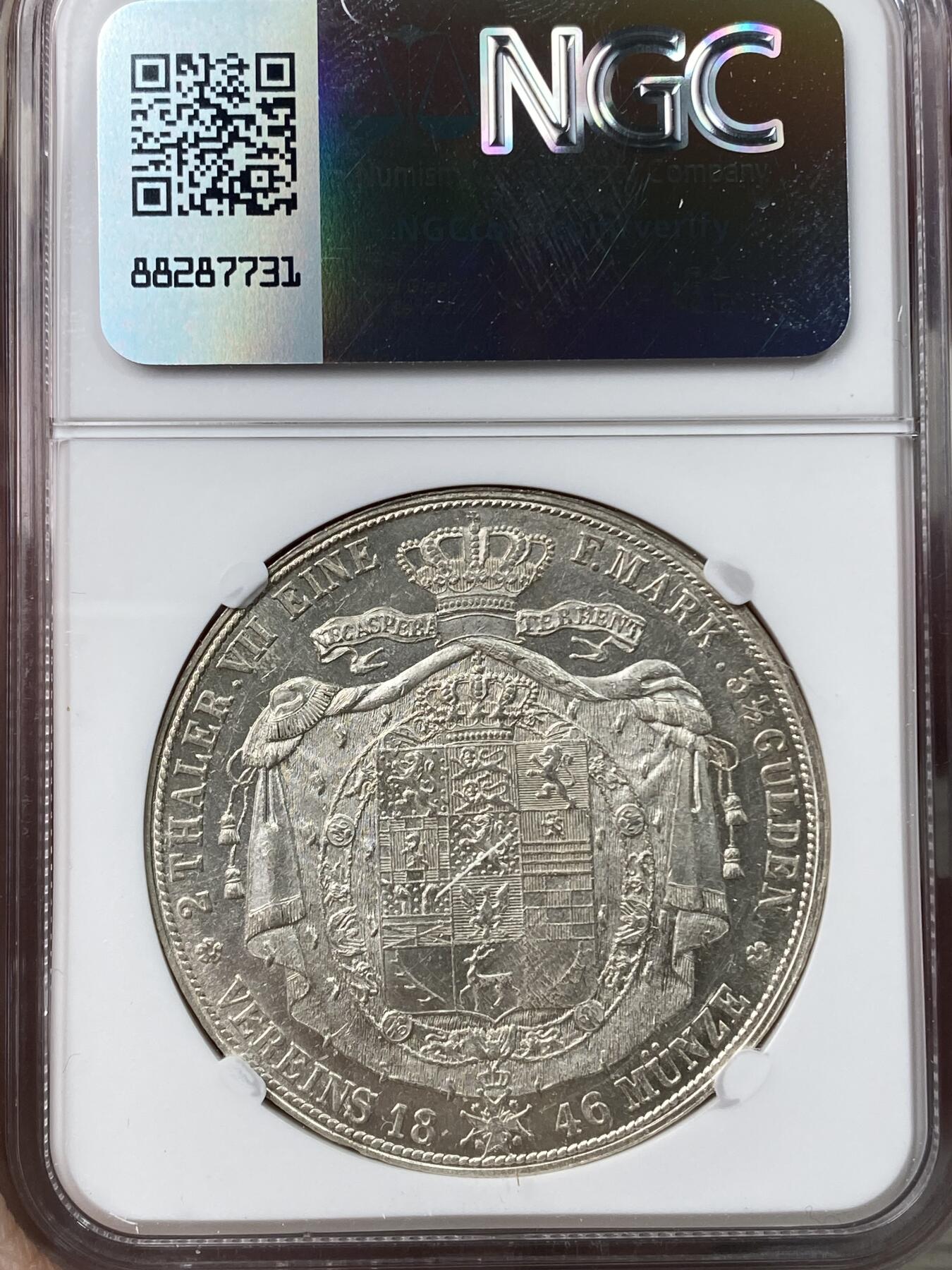 万国钱币拍卖第040期（万国2025新年大拍） NGC MS61 1846年德国布伦瑞克-狼堡CVC大纹章流通2泰勒  狼堡难点之一 发行量仅14751枚且充分流通 类镜面喷砂质感少见 NGC唯一冠军分 