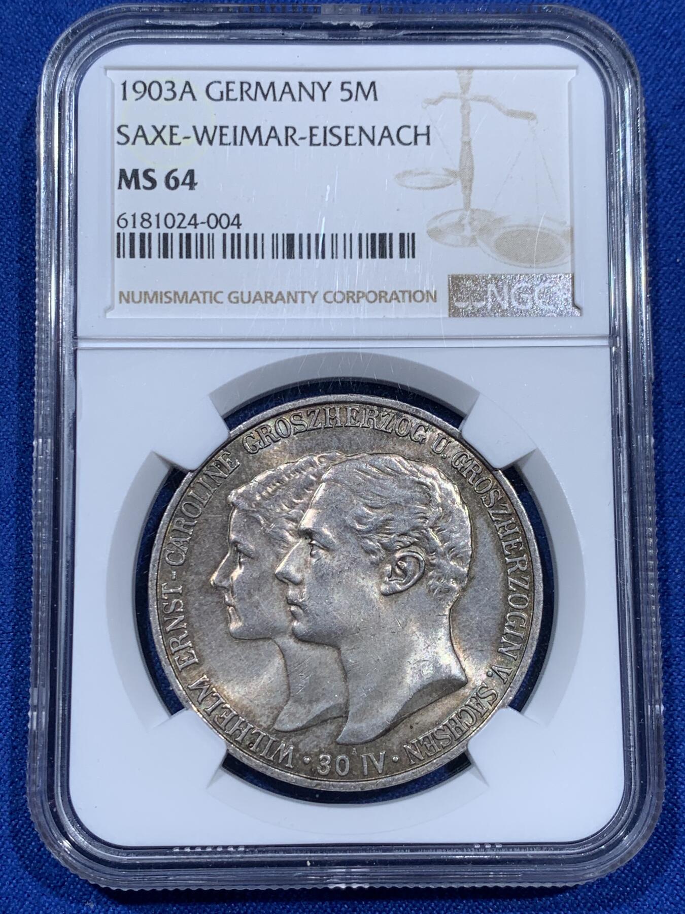 《竞宝斋》第343场 周日，周一，2场连拍 （全场包邮） NGC MS64 德国1903年萨克森-魏玛-阿森纳赫5马克银币