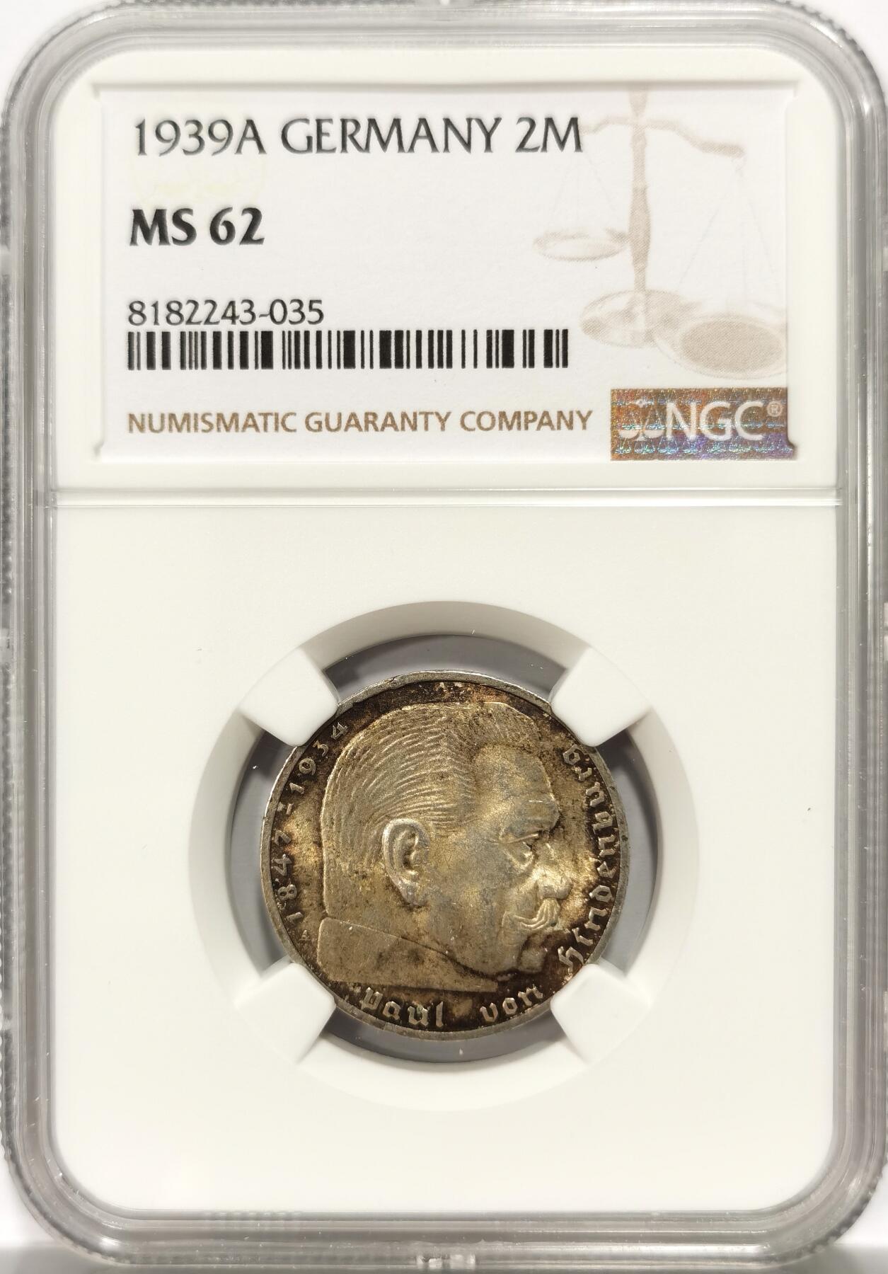 博洋堂世界钱币拍卖第106期（全场包邮） NGC MS62 德国第三帝国1939年A版兴登堡2马克银币