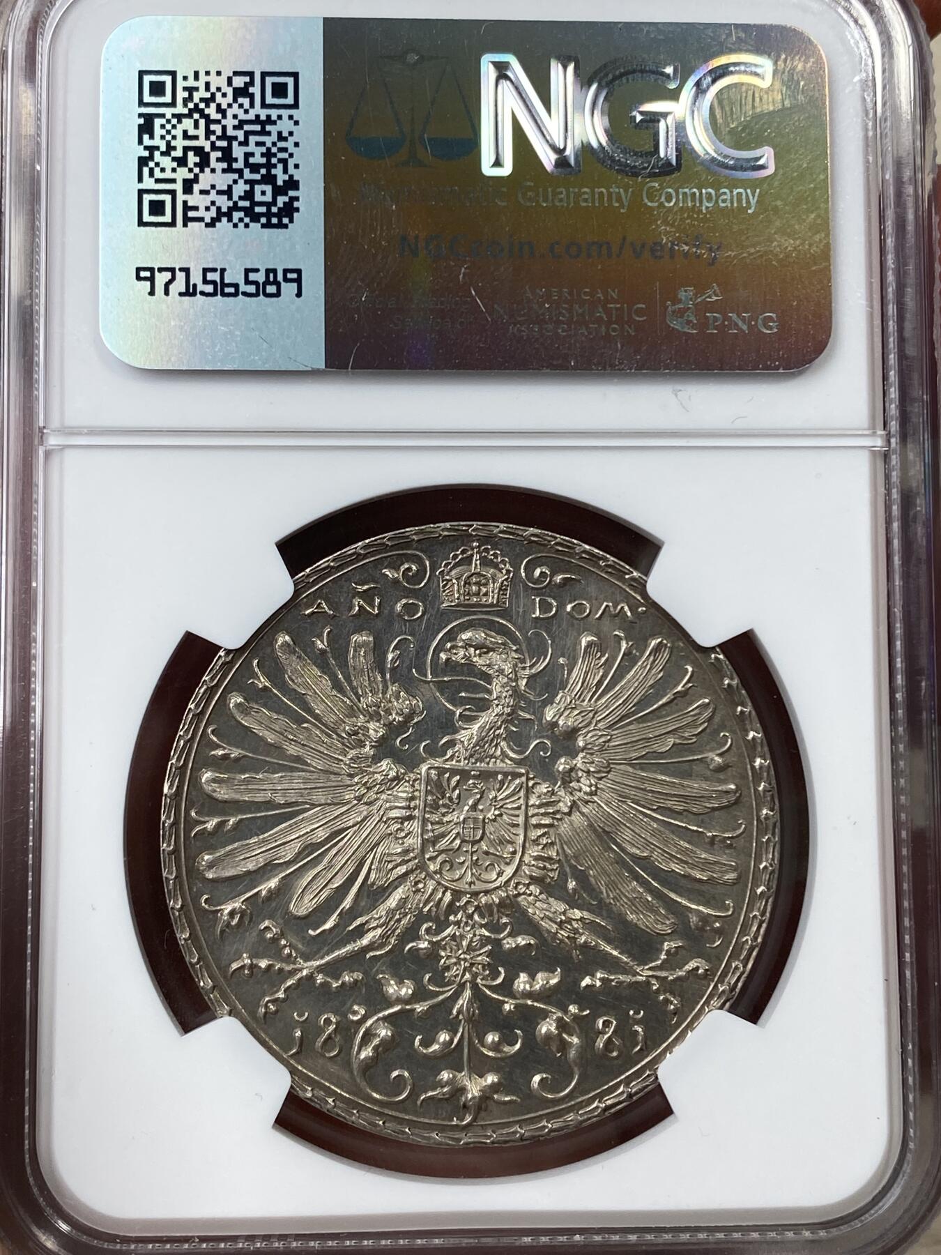 万国钱币拍卖第040期（万国2025新年大拍） NGC MS62 1881年德国巴伐利亚慕尼黑联邦射击节大银章 顶级品质名誉品种 稀有精制镜面浮雕状态 狩猎弓弩与巴伐利亚徽章 慕尼黑徽章 枝叶纹理雕刻清晰