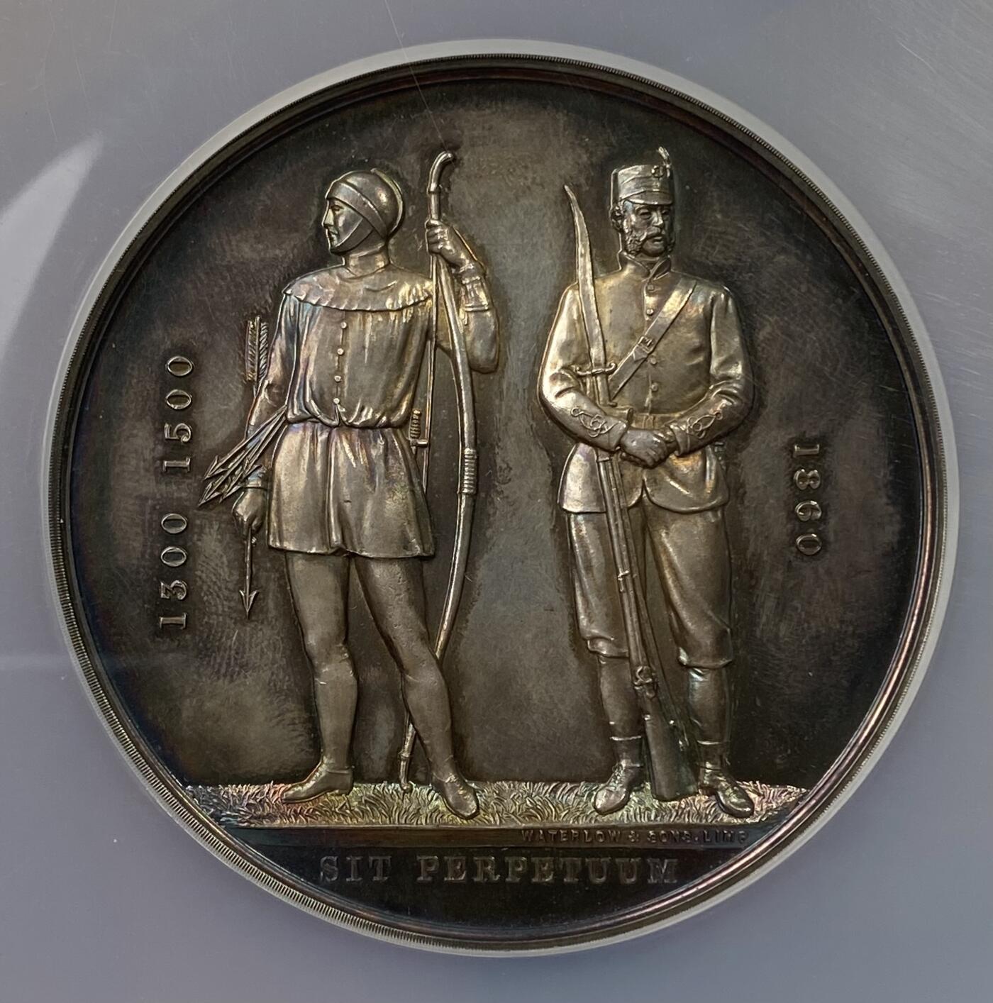 万国钱币拍卖第040期（万国2025新年大拍） NGC MS64 1860年英国步枪协会颁发的获奖银章，直径57毫米带原盒，高分老五彩包浆难得。