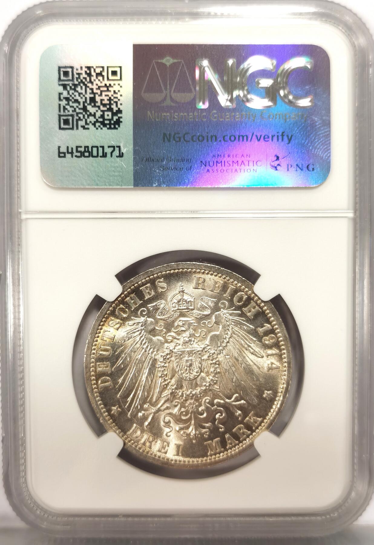 博洋堂世界钱币拍卖第106期（全场包邮） NGC MS61 德国普鲁士1914年威廉二世戎装3马克银币