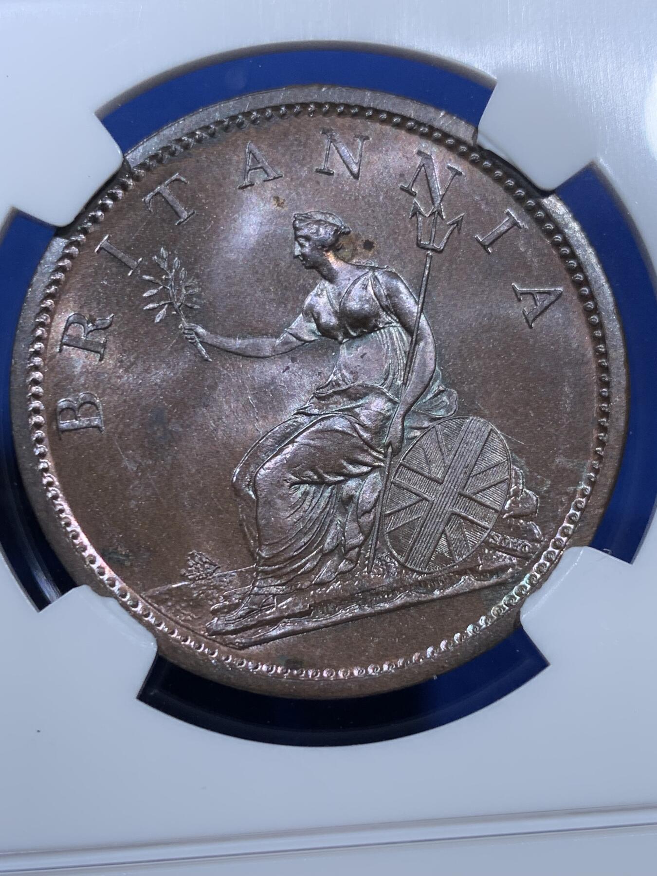 《竞宝斋》第343场 周日，周一，2场连拍 （全场包邮） NGC MS64BN 英国 1806年 乔治三世1便士铜币 （SOHO厂经典出品，老标严评状态顶级，巧克力包浆均匀底板光洁泛蓝紫色光泽）