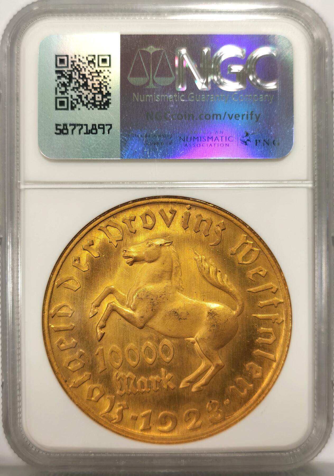 博洋堂世界钱币拍卖第106期（全场包邮） NGC MS64 德国德紧威斯特伐利亚1923年马币10000马克大铜币，附带原盒和纸质说明