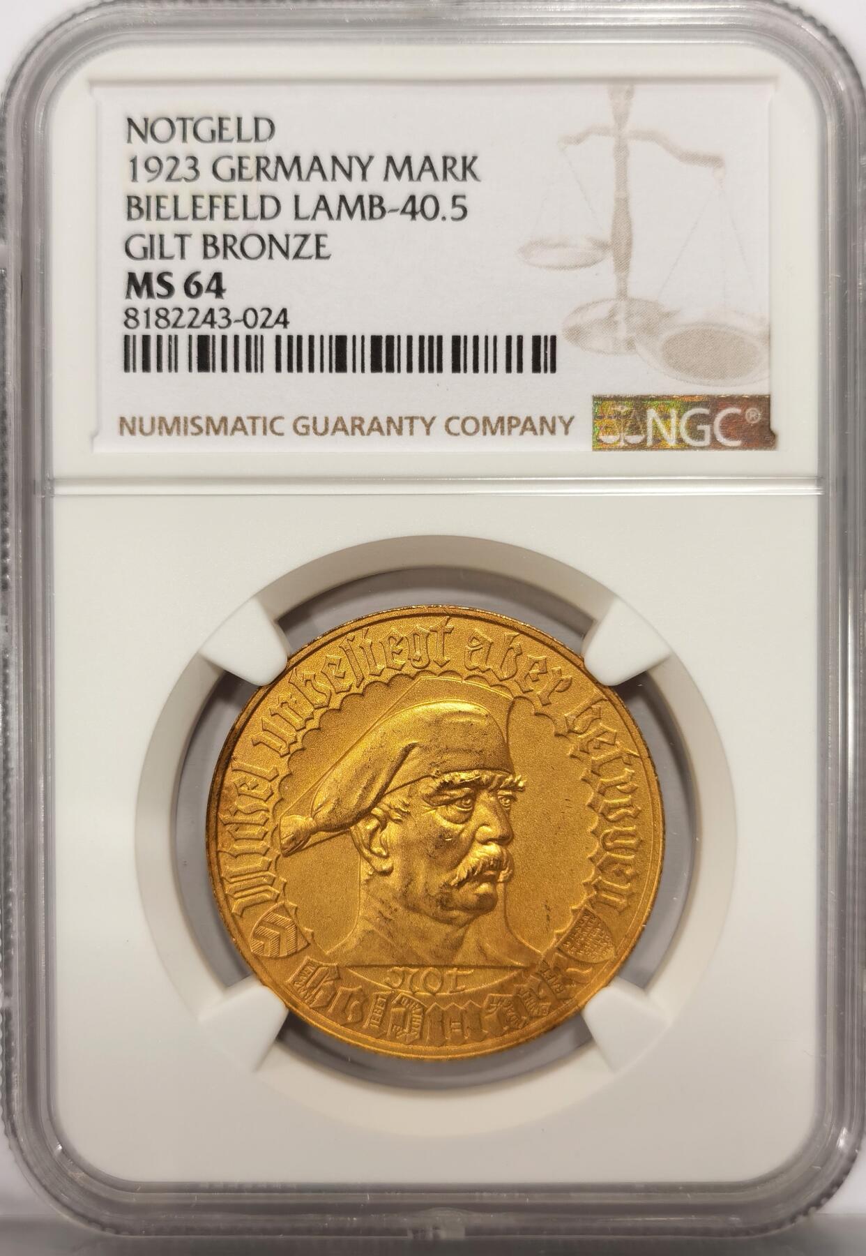 博洋堂世界钱币拍卖第106期（全场包邮） NGC MS64 德国德紧比勒菲尔德1923年1金马克镀金铜币，名誉品种
