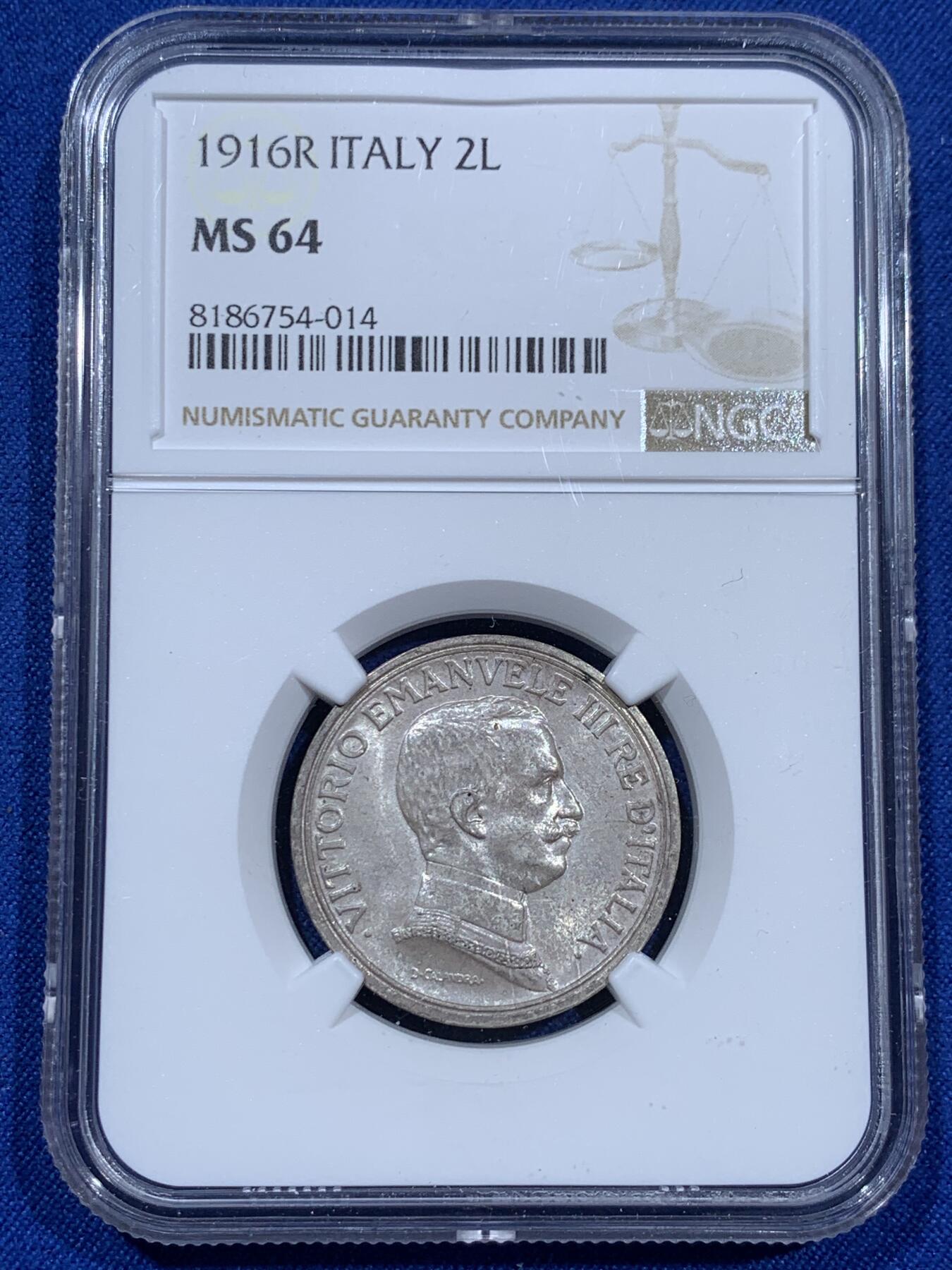 《竞宝斋》第343场 周日，周一，2场连拍 （全场包邮） NGC MS64 意大利1916年埃马努埃莱三世马车2里拉银币 经典意大利马车设计
