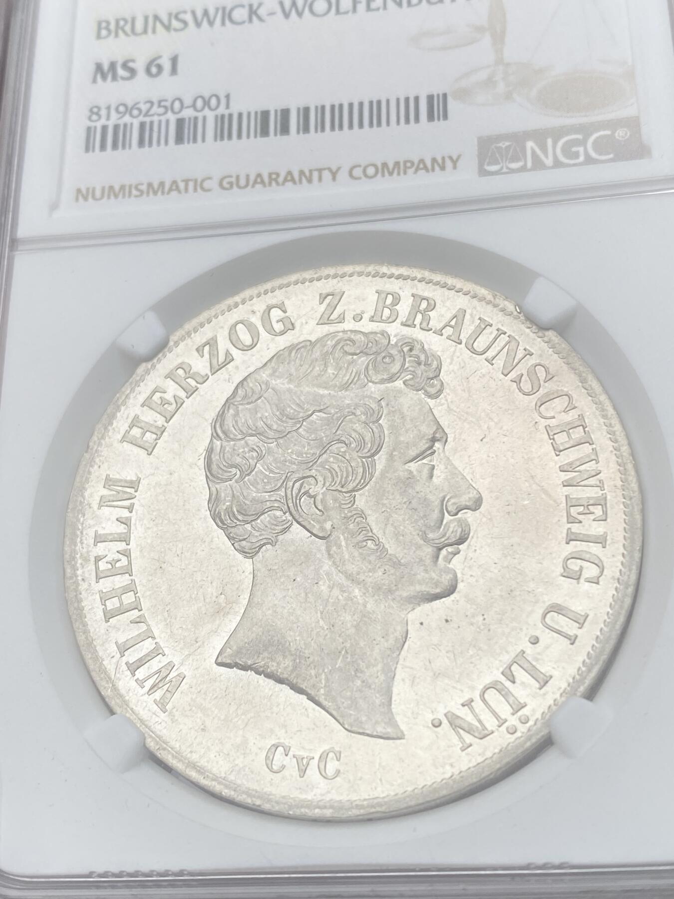 万国钱币拍卖第040期（万国2025新年大拍） NGC MS61 1846年德国布伦瑞克-狼堡CVC大纹章流通2泰勒  狼堡难点之一 发行量仅14751枚且充分流通 类镜面喷砂质感少见 NGC唯一冠军分 