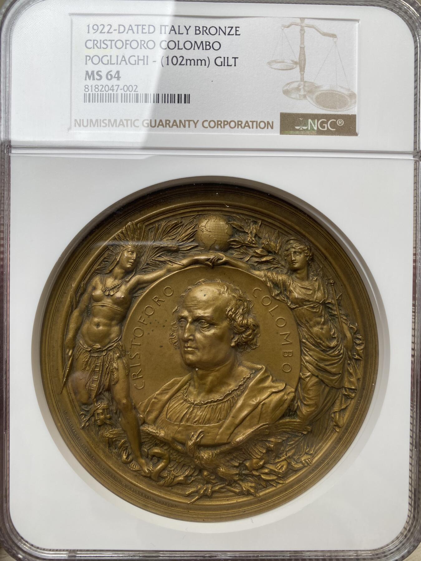 万国钱币拍卖第040期（万国2025新年大拍） NGC MS64 1922年意大利热那亚国际会议暨哥伦布发现美洲大陆430周年纪念大铜章 巨型102MM 名家Ludovico Pogliaghi设计 Angelo Cappuccio雕刻  结合了艺术、历史和收藏属性的顶级名章 400g 102mm 盒子一并赠送