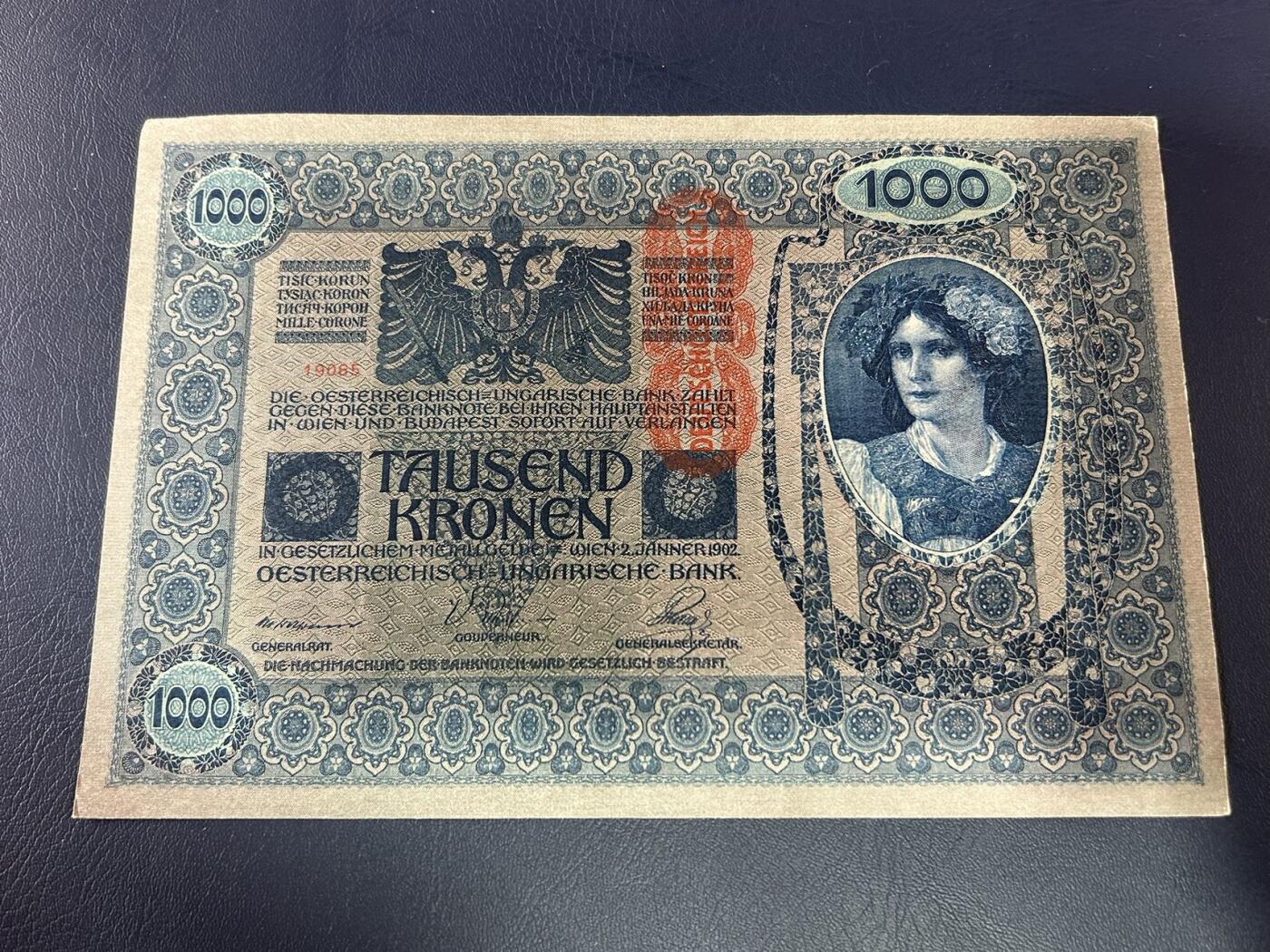收藏联盟Quantum Auction 第403期拍卖 @征集拍品 长期供货可享分佣福利 1902年奥地利1000克朗 大票幅 UNC- 边角有折 见图详参