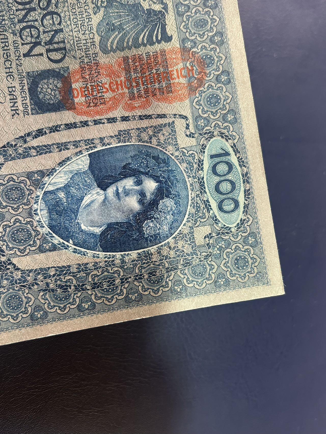 收藏联盟Quantum Auction 第403期拍卖 @征集拍品 长期供货可享分佣福利 1902年奥地利1000克朗 大票幅 UNC- 边角有折 见图详参