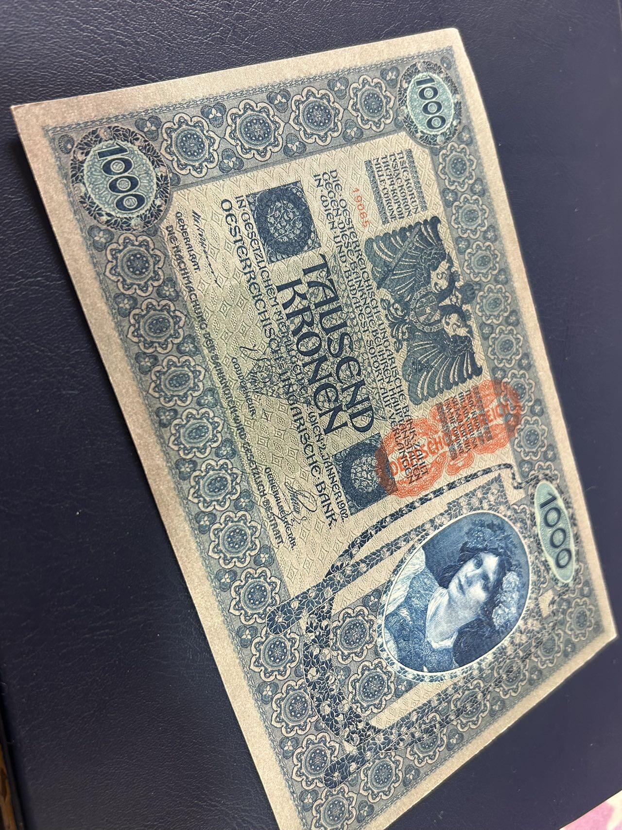 收藏联盟Quantum Auction 第403期拍卖 @征集拍品 长期供货可享分佣福利 1902年奥地利1000克朗 大票幅 UNC- 边角有折 见图详参