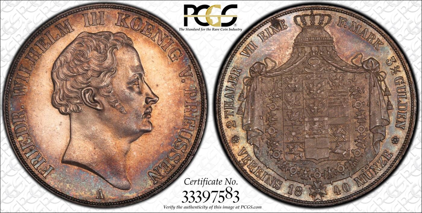 万国钱币拍卖第040期（万国2025新年大拍） PCGS MS64 1840年德国普鲁士威廉三世纹章2泰勒 仅两年发行的威廉三世系列，普鲁士2t中不可或缺的一环，原味渐变五彩，全深打顶级状态，PC唯一冠军分&封面广告币，几乎无法超越的品相。