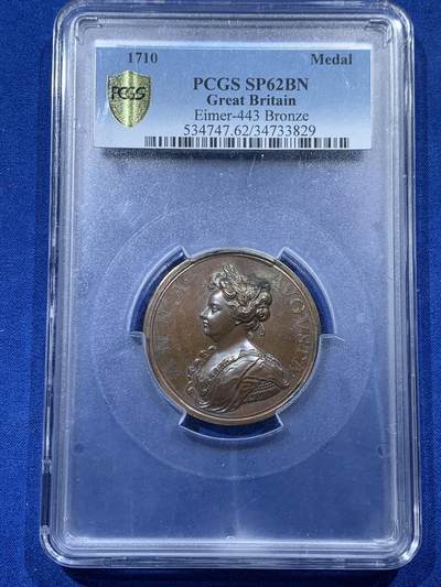 《竞宝斋》第343场 周日，周一，2场连拍 （全场包邮） - 唯一亚军分 PCGS SP62BN 英国 1710年 安娜女王 西班牙王位继承战争 纪念大铜章 PCGS大盒封装