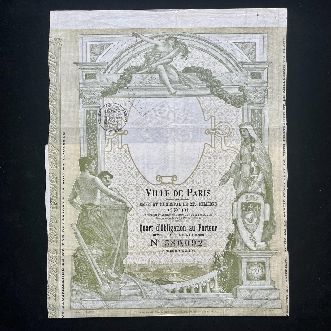 1910年法国巴黎市政借款1000法郎面额，有女王水印图案