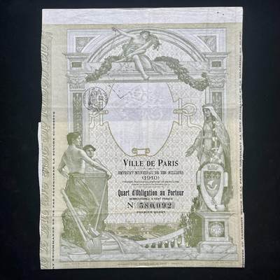1910年法国巴黎市政借款1000法郎面额，有女王水印图案 - 1910年法国巴黎市政借款1000法郎面额，有女王水印图案