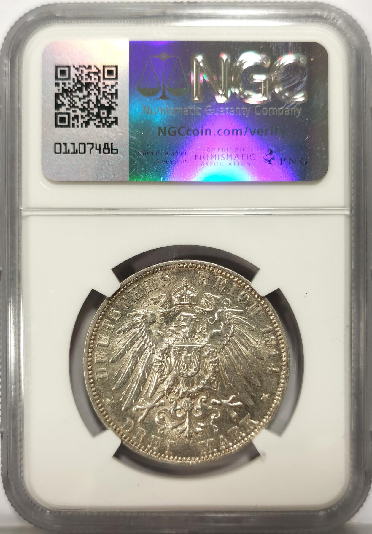 博洋堂世界钱币拍卖第106期（全场包邮） NGC UNC 德国巴伐利亚1914年路德维希二世3马克银币