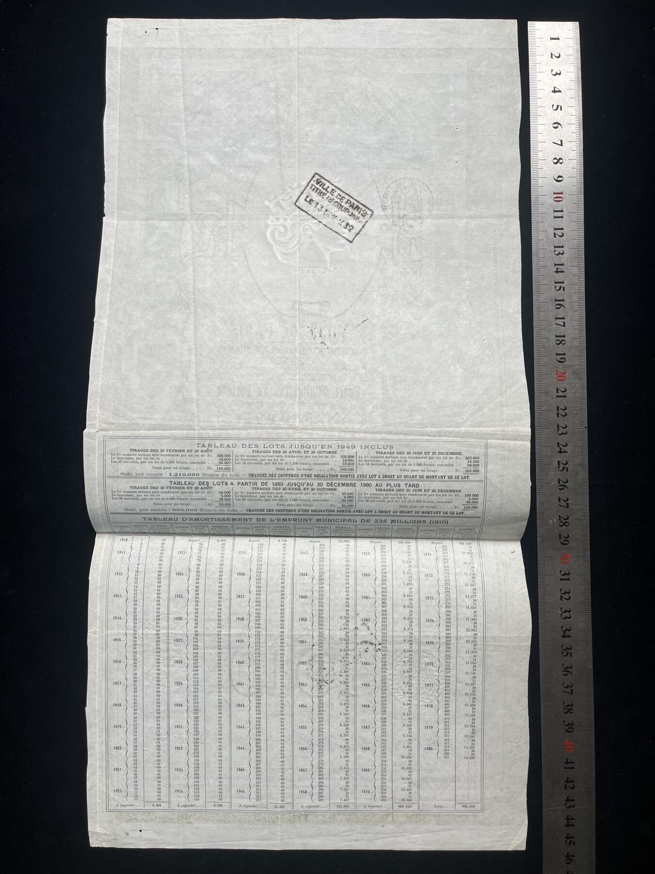 1910年法国巴黎市政借款1000法郎面额，有女王水印图案