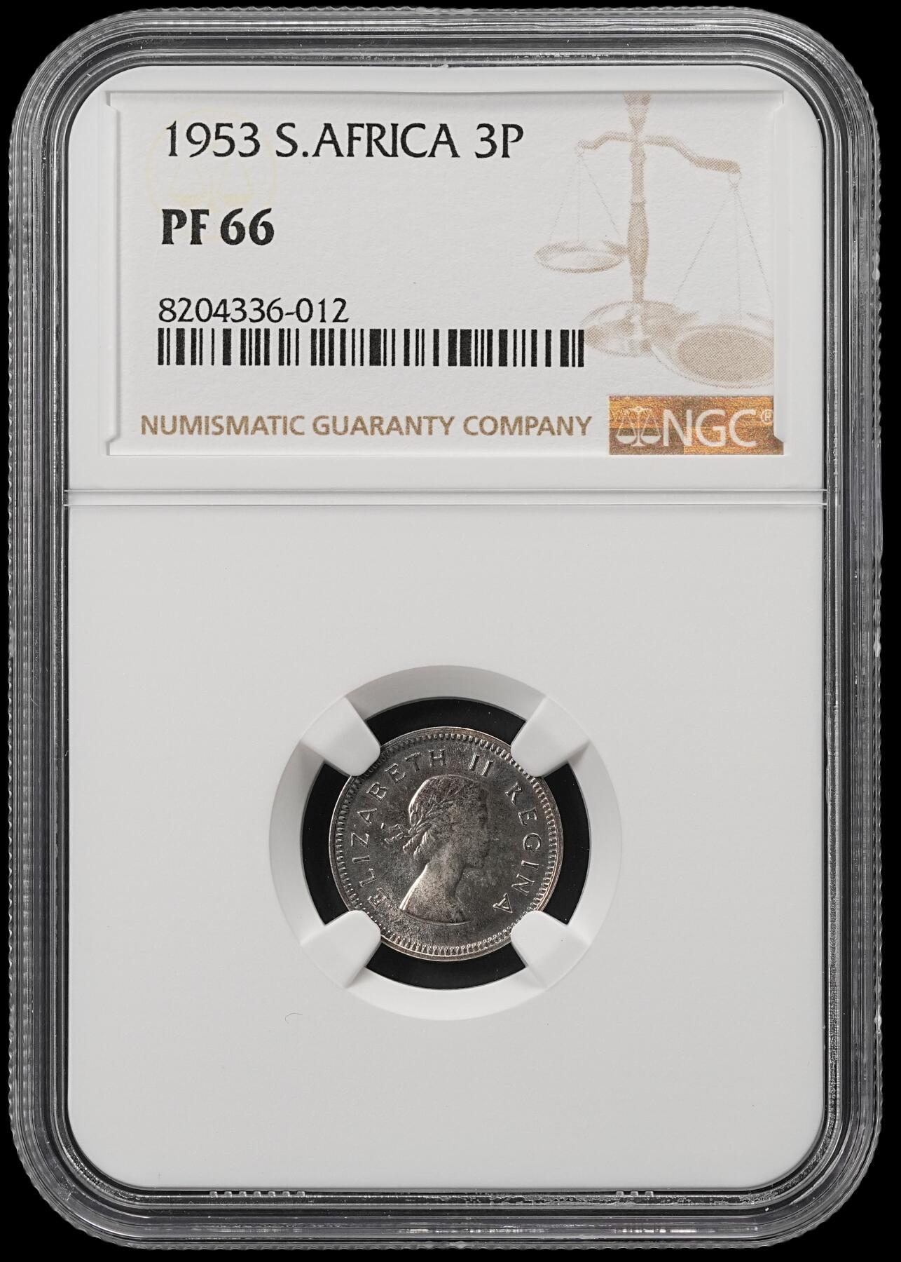 修遠堂世界钱币第五十三期 全场包邮 NGC PF66 1953年南非3便士精制银币 仅铸造5000枚