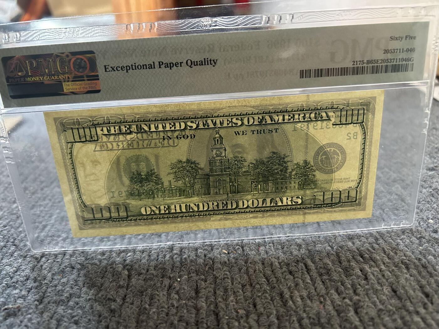 收藏联盟Quantum Auction 第404期拍卖 @征集拍品 长期供货可享分佣福利 1996年版美国100美元 大头版富兰克林首版年份 PMG65E