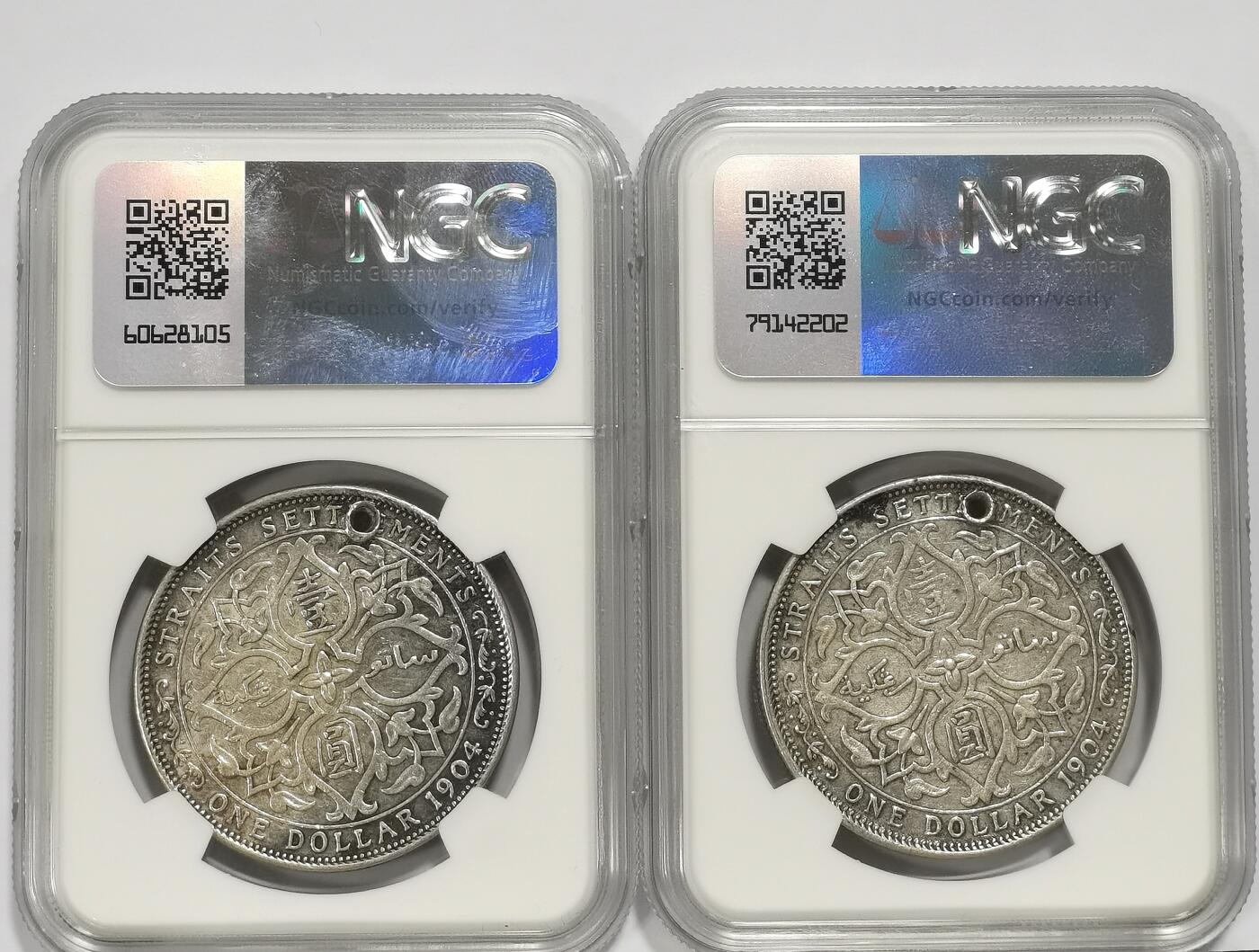 博洋堂世界钱币拍卖第106期（全场包邮） NGC XF 海峡殖民地1904年B版爱德华七世壹圆银币大样老包浆2枚一对