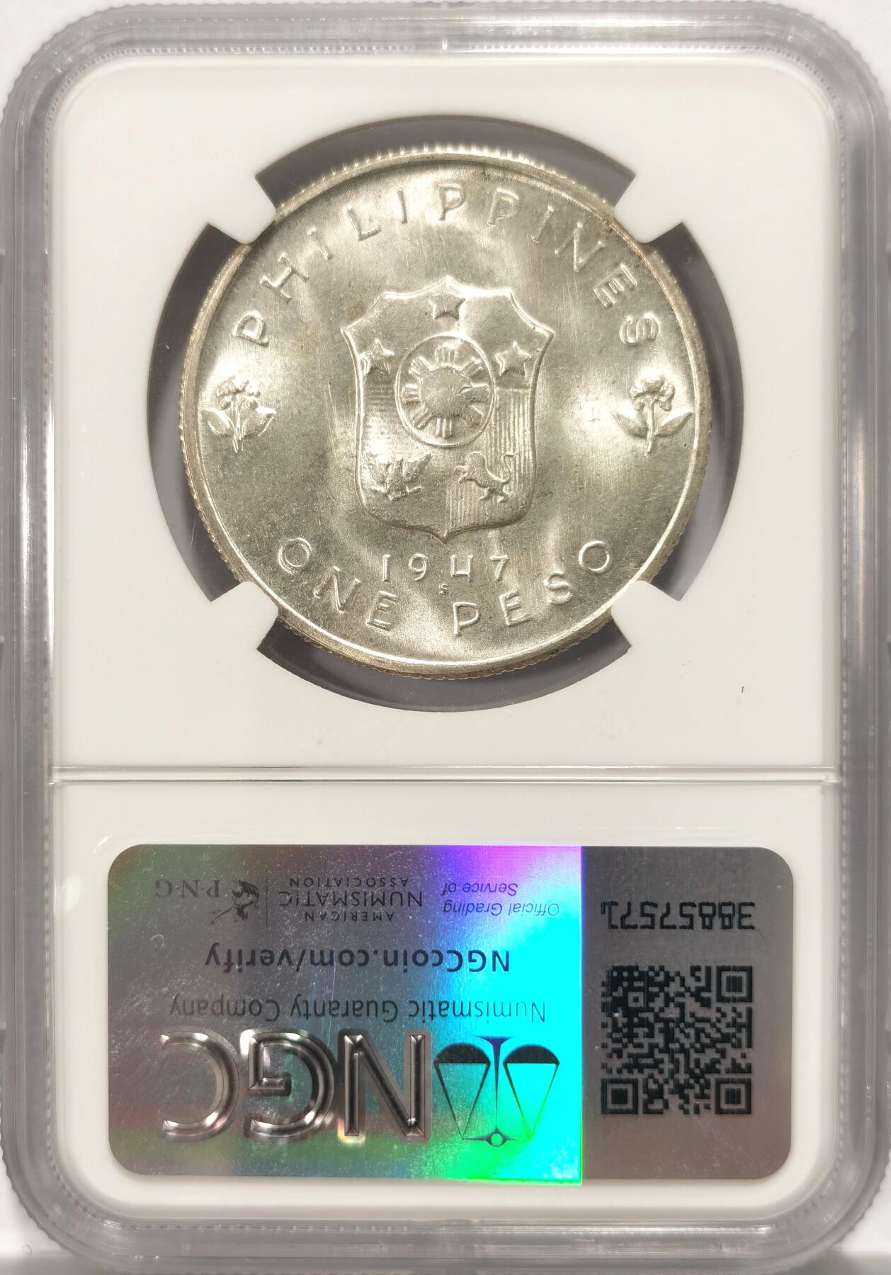 博洋堂世界钱币拍卖第106期（全场包邮） 菲律宾1947年麦克阿瑟一比索银币NGC-MS65，原汁原味老包浆，包浆醇厚，币面清爽干净又漂亮，状态一流。