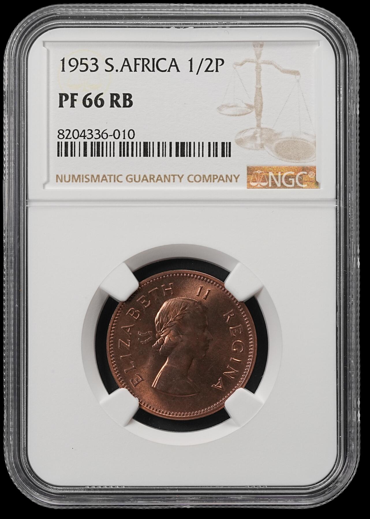 修遠堂世界钱币第五十三期 全场包邮 NGC PF66RB 1953年南非1/2便士精制铜币 仅铸造5000枚