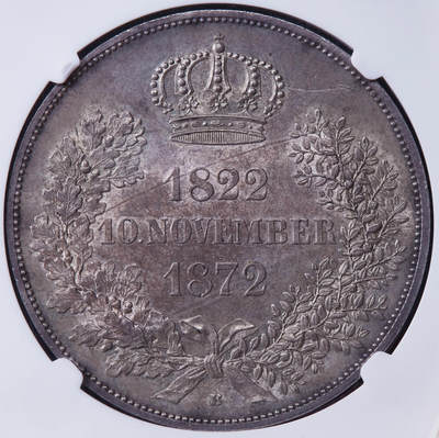 德国1872年萨克森金婚2泰勒大银币，NGC MS62，2泰勒关门品种，老包浆原味状态，MS级别越来越难找