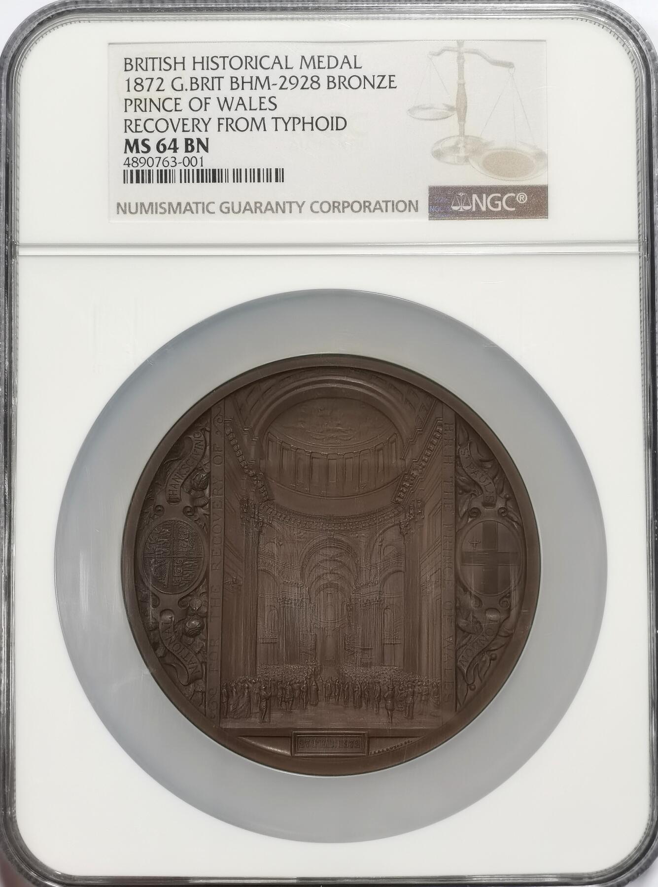 博洋堂世界钱币拍卖第106期（全场包邮） NGC MS64BN 伦敦金融城系列第12号作品-1872年威尔士王子康复感恩庆典纪念大铜章，Wyon作品。直径：77mm，铸量：400枚。正面：伦敦城市女神在不列颠女神的陪伴下邀请维多利亚女王引领下的威尔士王子进入圣保罗大教堂；背面：圣保罗大教堂内部景观