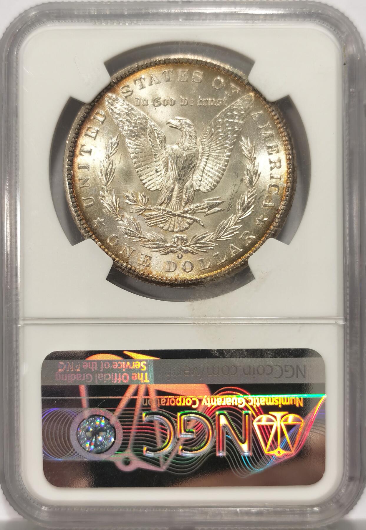 博洋堂世界钱币拍卖第106期（全场包邮） 美国1898年摩根银币O版NGC-MS64，原汁原味双面环彩老包浆，包浆醇厚浓郁，打制精美，状态一流，市场上比较稀少年份版本的摩根币。