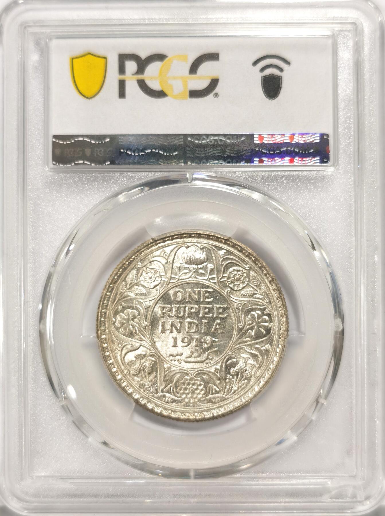 博洋堂世界钱币拍卖第106期（全场包邮） PCGS MS64 英属印度1919年B版乔治五世1卢比银币，收藏级分数，盒子背面下方有小磕损