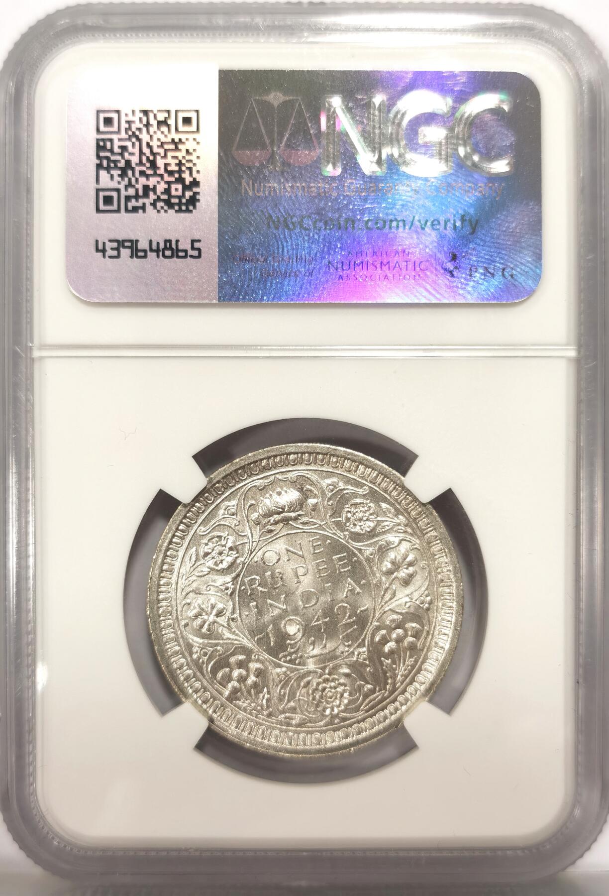 博洋堂世界钱币拍卖第106期（全场包邮） NGC MS63 英属印度1942年B版乔治六世1卢比银币，BU原卷