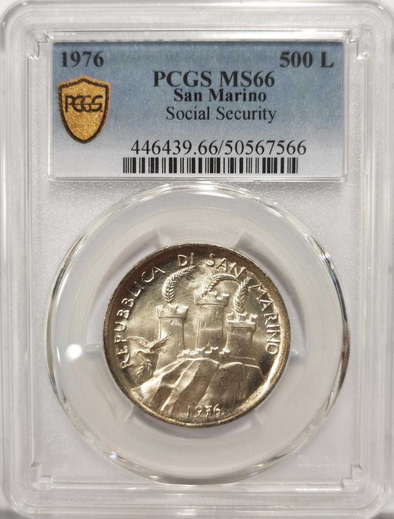 博洋堂世界钱币拍卖第106期（全场包邮） PCGS MS66 圣马力诺1976年社会保险500里拉银币