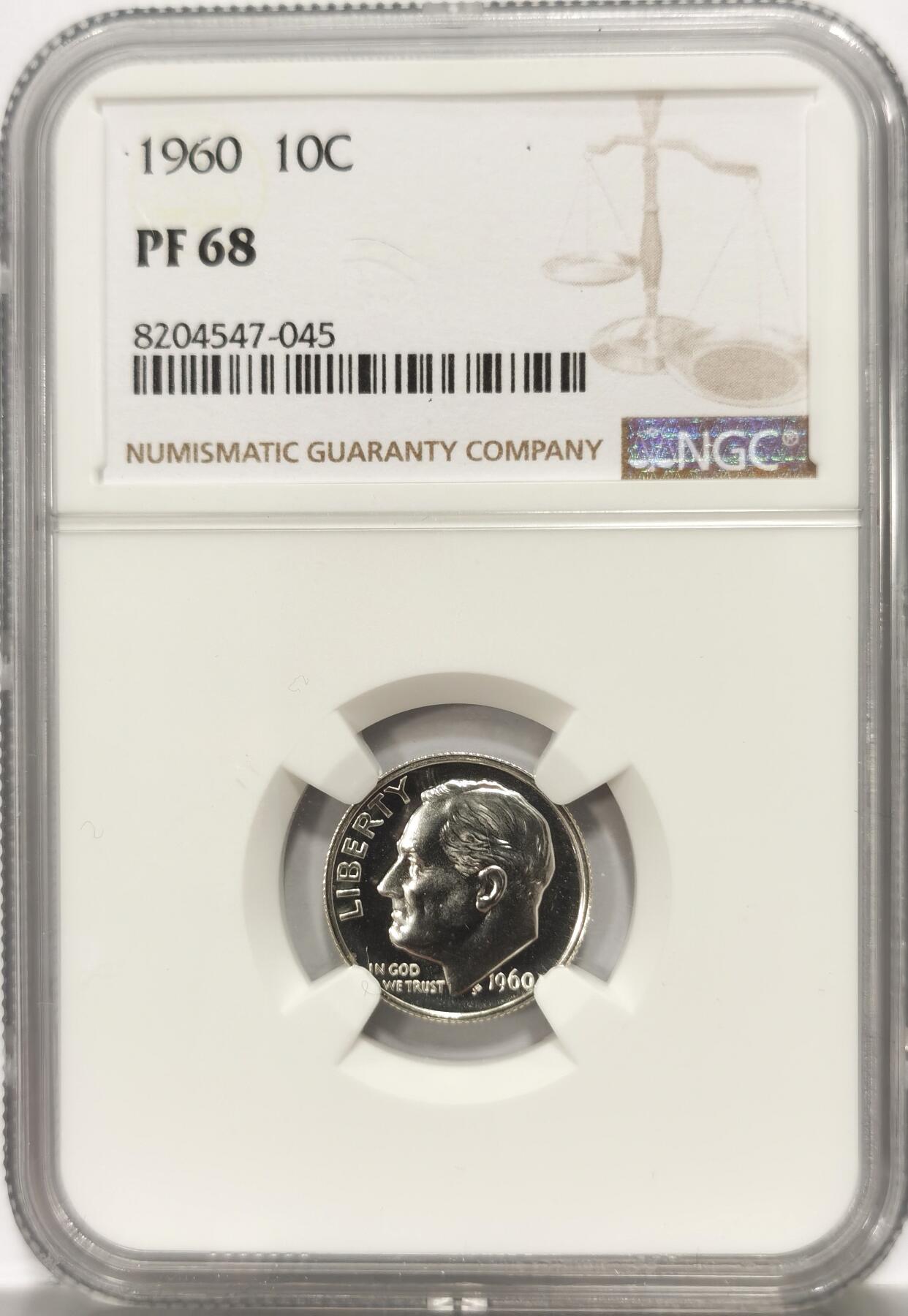 博洋堂世界钱币拍卖第106期（全场包邮） NGC PF68 美国1960年罗斯福10分银币，极致高分镜面