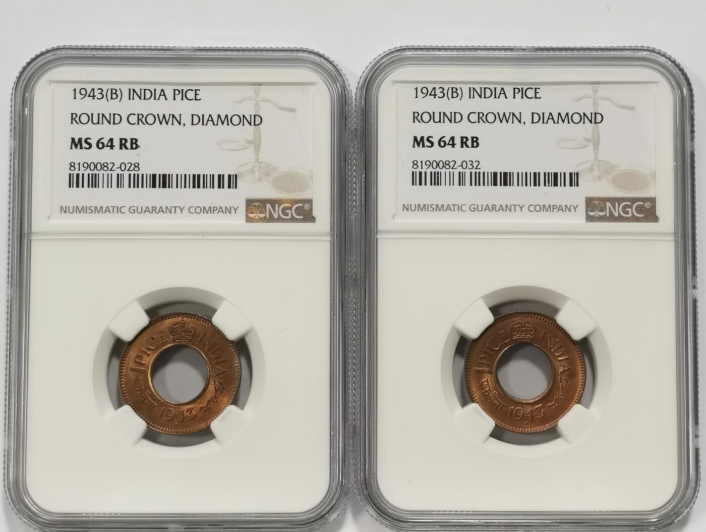 博洋堂世界钱币拍卖第106期（全场包邮） NGC MS64RB 英属印度1943年B版乔治六世1派沙铜币2枚一对，最少见的圆冠钻版