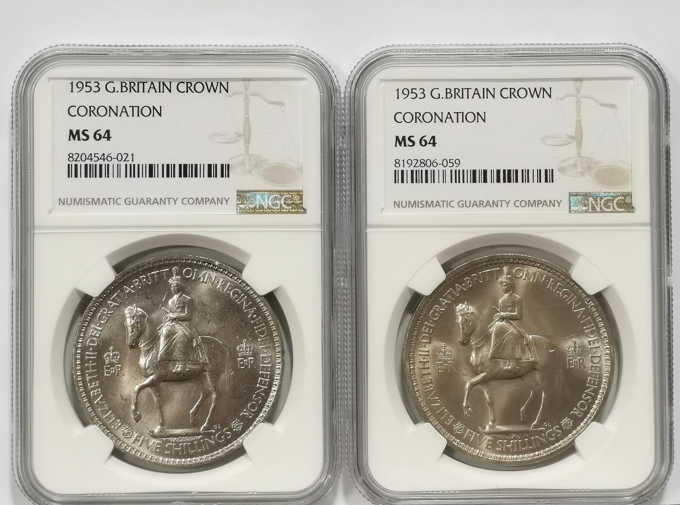 博洋堂世界钱币拍卖第106期（全场包邮） NGC MS64 英国1953年伊丽莎白二世登基纪念克朗2枚一对