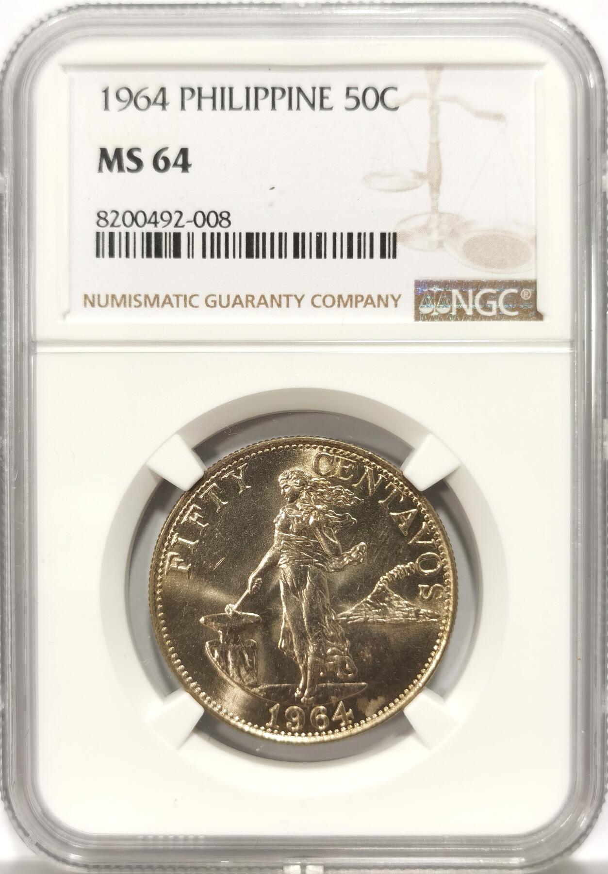 博洋堂世界钱币拍卖第106期（全场包邮） NGC MS64 菲律宾1964年打铁女神50分