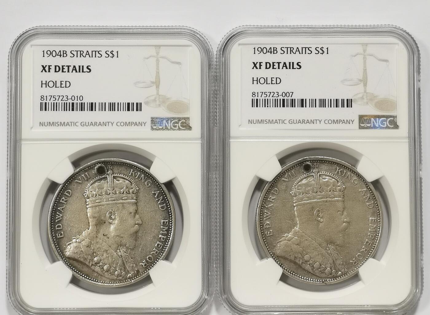 博洋堂世界钱币拍卖第106期（全场包邮） NGC XF 海峡殖民地1904年B版爱德华七世壹圆银币大样老包浆2枚一对