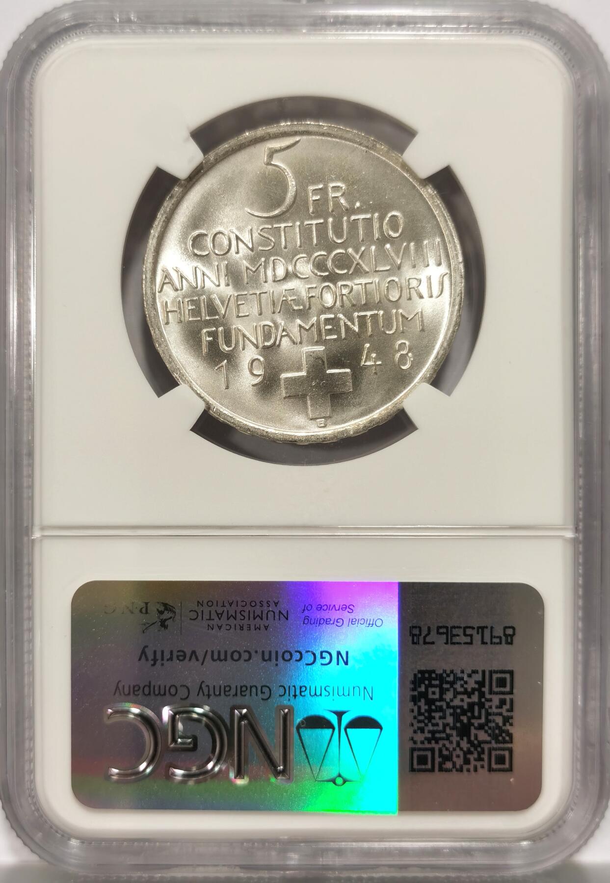博洋堂世界钱币拍卖第106期（全场包邮） NGC MS66 瑞士1948年宪法百年纪念5法郎银币