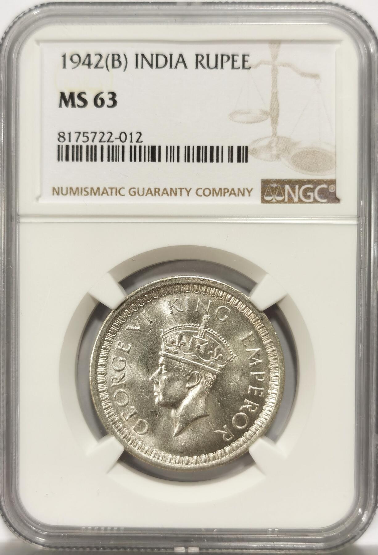博洋堂世界钱币拍卖第106期（全场包邮） NGC MS63 英属印度1942年B版乔治六世1卢比银币，BU原卷