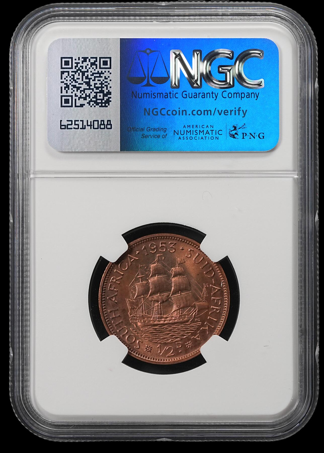 修遠堂世界钱币第五十三期 全场包邮 NGC PF66RB 1953年南非1/2便士精制铜币 仅铸造5000枚