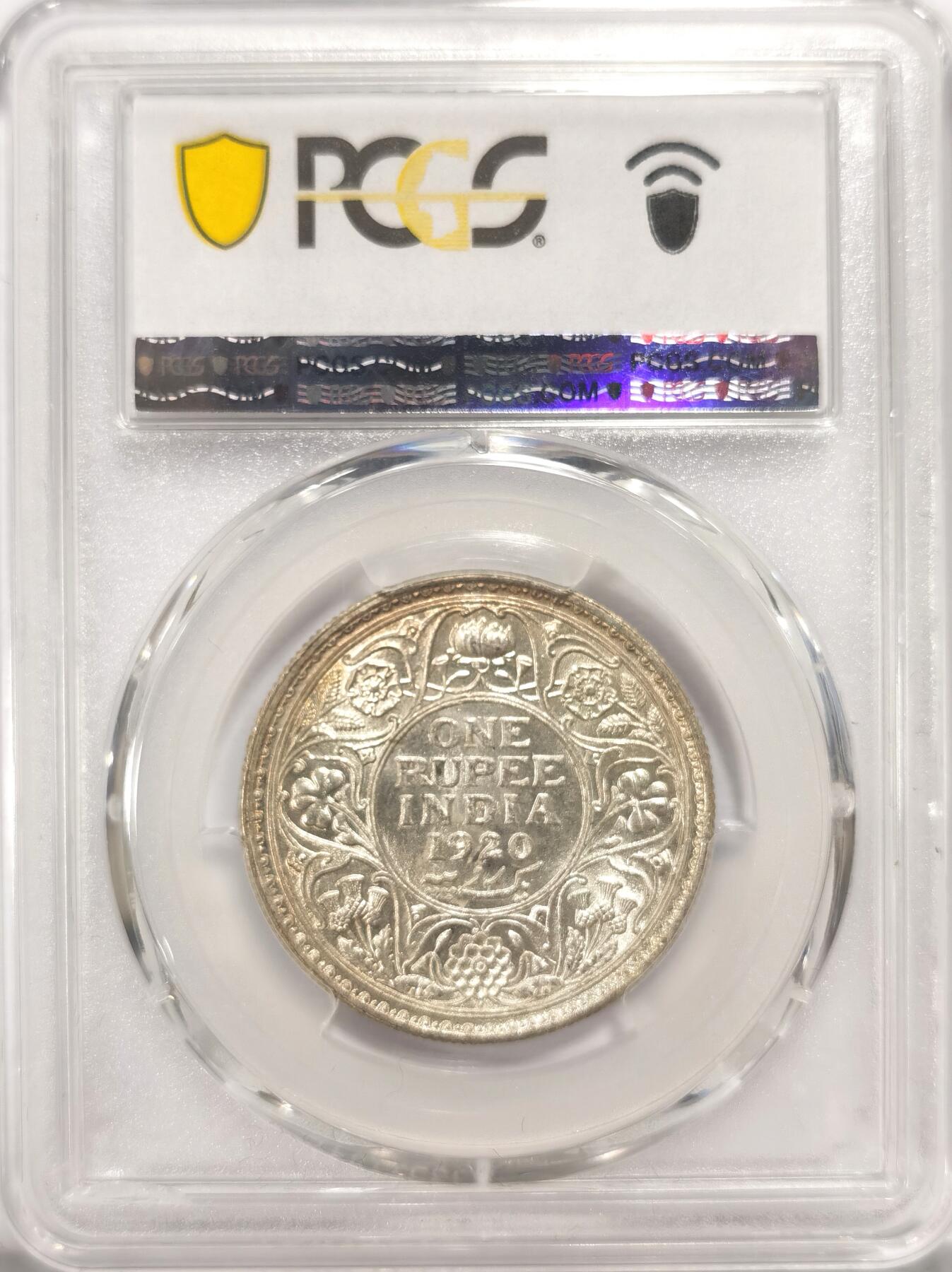 博洋堂世界钱币拍卖第106期（全场包邮） PCGS MS64 英属印度1920年B版乔治五世1卢比银币，收藏级分数，盒子背面下方有小磕损