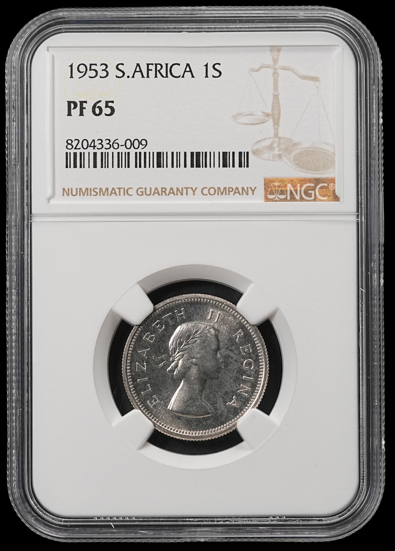 修遠堂世界钱币第五十三期 全场包邮 NGC PF65 1953年南非1先令精制银币 仅铸造5000枚