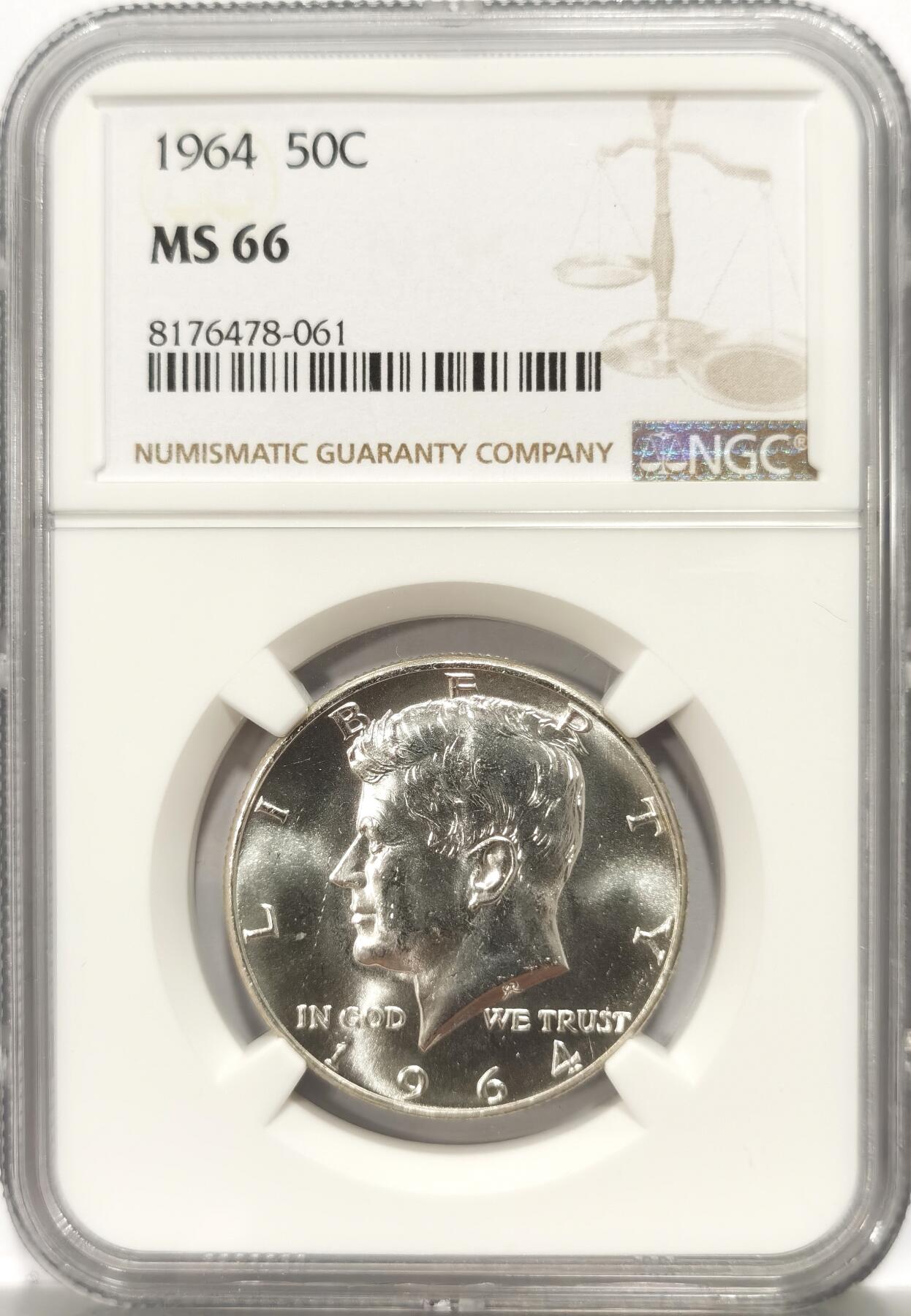 博洋堂世界钱币拍卖第106期（全场包邮） NGC MS66 美国1964年肯尼迪50美分银币，少见高分